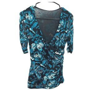 Abstract Floral Surplice Mesh‎ Ruched Top Small Blue Black Y2K Whimsigoth Artsy